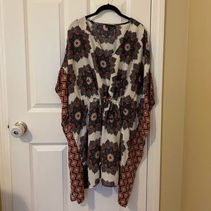 WHITE PRINTED CAFTAN DRESS BLUE ORANGE MEDALLION